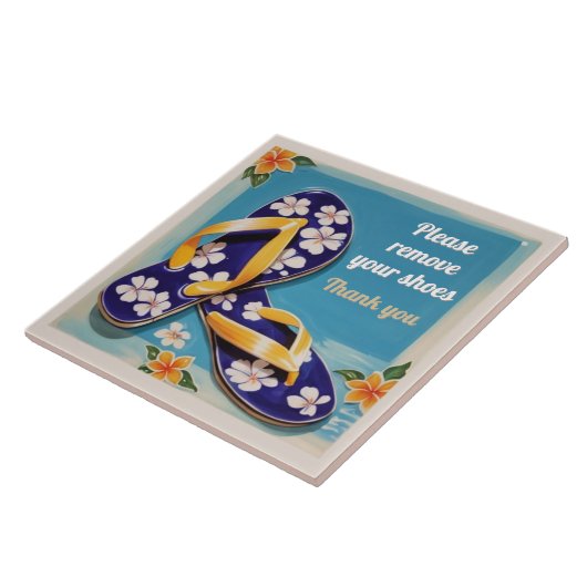 Please Remove Shoes Sign Blue Hawaiian Flip Flops タイル (側面)