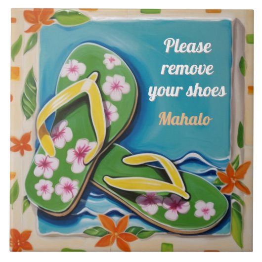 Please Remove Shoes Sign Green Hawaiian Flip Flops タイル (正面)