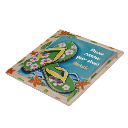 Please Remove Shoes Sign Green Hawaiian Flip Flops タイル (側面)
