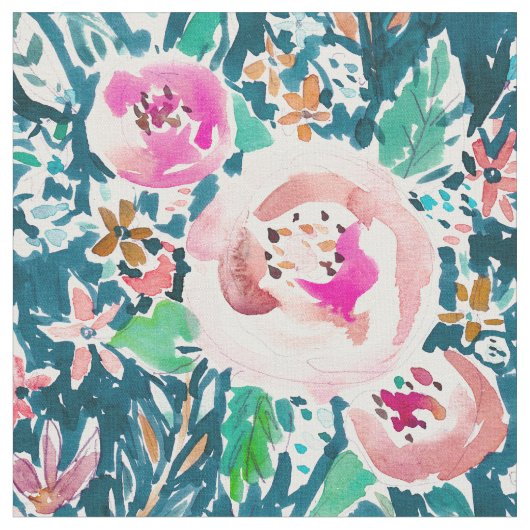 PLENITUDEの花のカラフルなBohoの水彩画 ファブリック (クローズアップ)