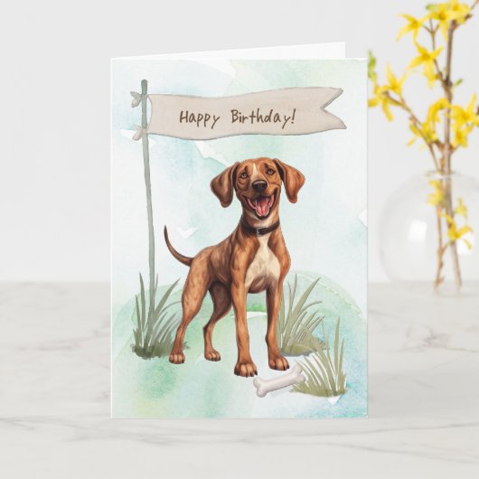 Plott Dog Breed Outdoors Under Birthday Sign カード (黄色い花)