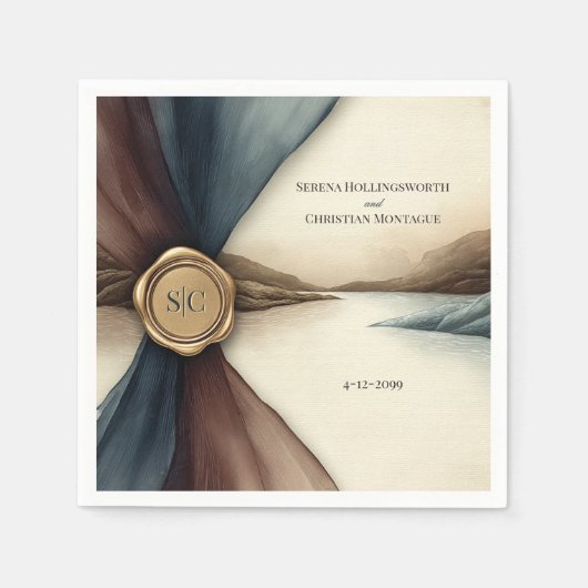 Plum and Blue Ombre Ribbon Seal Wedding Napkin スタンダードカクテルナプキン (正面)