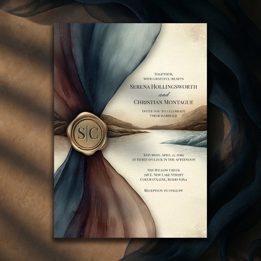 Plum and Blue Ombre Seal Watercolor Wedding 招待状