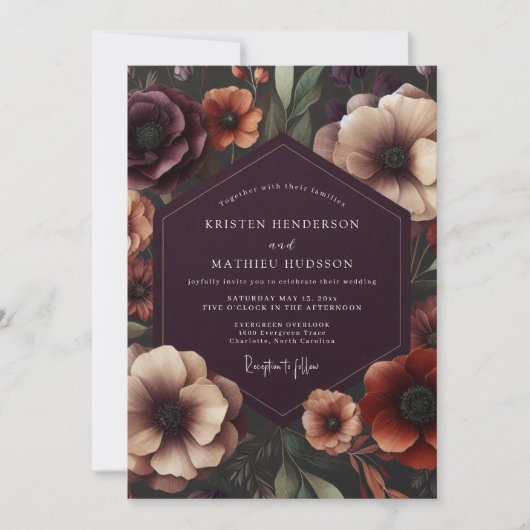 Plum Anemone Botanical Romance Wedding 招待状 (正面)