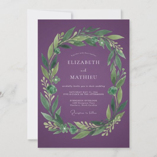 Plum Botanical Wreath Wedding 招待状 (正面)