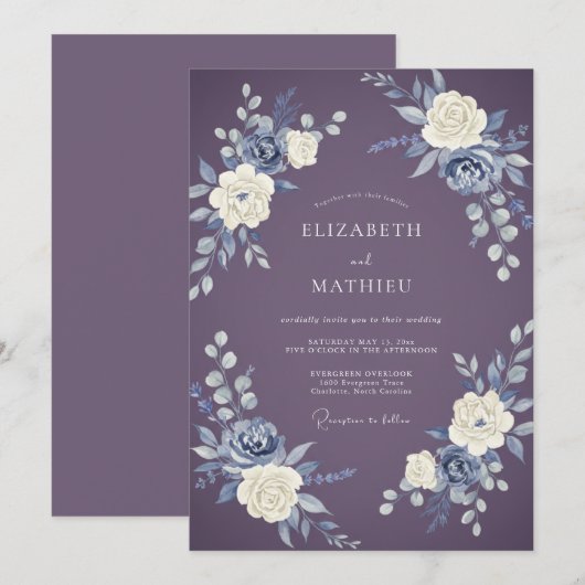 Plum Brushstroke Floral Wedding 招待状 (正面/裏面)