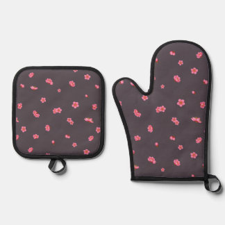 Plum Charcoal Red Plum Blossom Floral Pattern 鍋つかみ&鍋敷きセット