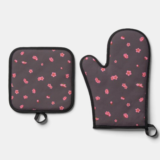 Plum Charcoal Red Plum Blossom Floral Pattern 鍋つかみ&鍋敷きセット (正面)