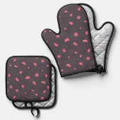 Plum Charcoal Red Plum Blossom Floral Pattern 鍋つかみ&鍋敷きセット (正面/裏面)
