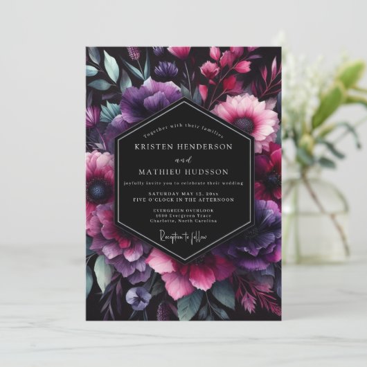 Plum Chiaroscuro Flora Wedding 招待状 (スタンド正面)