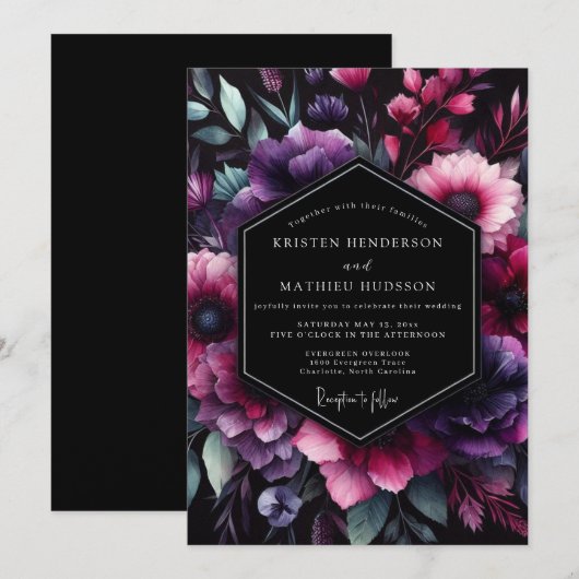 Plum Chiaroscuro Flora Wedding 招待状 (正面/裏面)