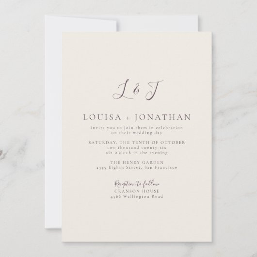 Plum Cream Minimal Monogram Script Elegant Wedding 招待状 (正面)