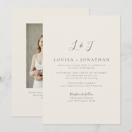 Plum Cream Minimal Monogram Script Elegant Wedding 招待状 (正面/裏面)