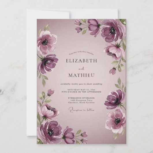 Plum Elegant Watercolor Wedding 招待状 (正面)