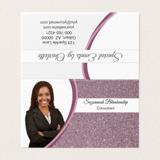 Plum Faux Glitter Replaceable Photo Folding 名刺 (外部フラット)