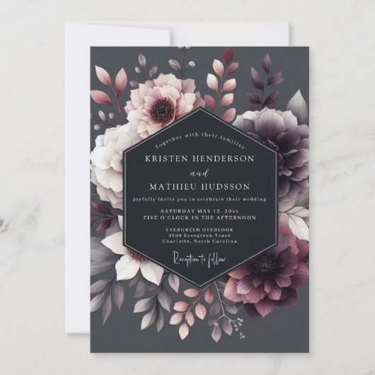Plum Floral Moody Romance Wedding 招待状 (正面)