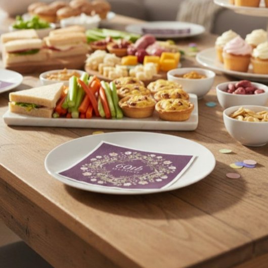 Plum Floral Wreath 60th Birthday Paper Napkins スタンダードカクテルナプキン