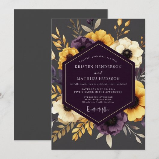 Plum Gilded Flora Wedding 招待状 (正面/裏面)