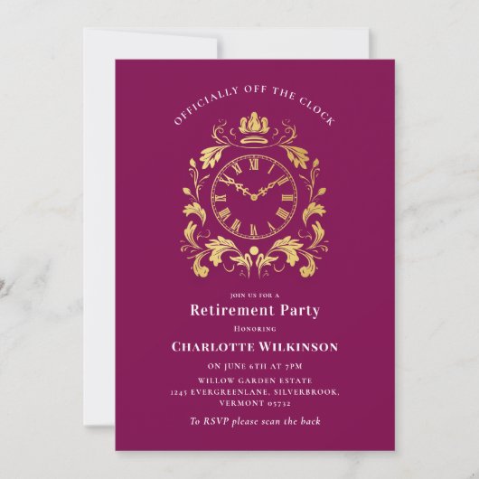 Plum Gold Ornate Clock Retirement Party Invite 招待状 (正面)