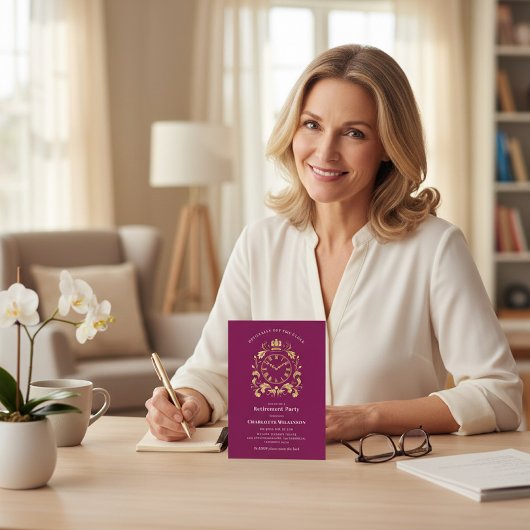 Plum Gold Ornate Clock Retirement Party Invite 招待状