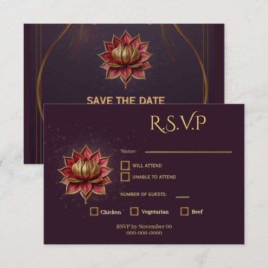 Plum Gothic Save the Date Elegant Gold Lotus 出欠カード (正面/裏面)
