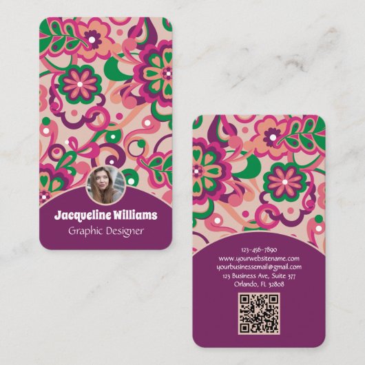 Plum Groovy Psychedelic 60s 70s Floral II 名刺 (正面/裏面)