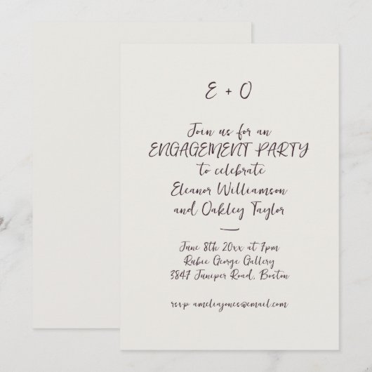 Plum Handwritten Script Initials Engagement Party 招待状 (正面/裏面)