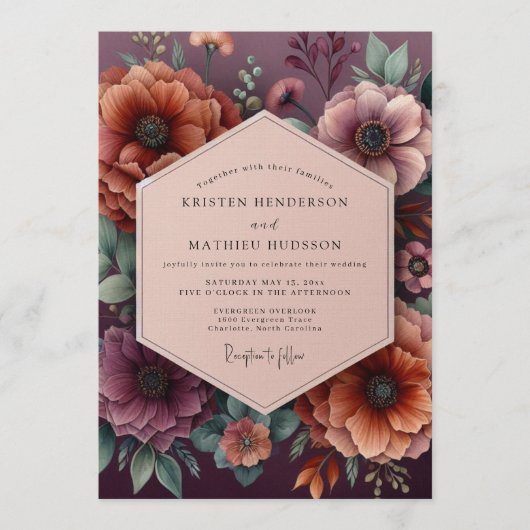 Plum Heirloom Floral Wedding 招待状 (正面)