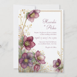 Plum Hellebore Gold Glitter Botanical Frame 招待状