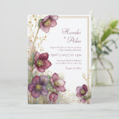Plum Hellebore Gold Glitter Botanical Frame 招待状 (スタンド正面)