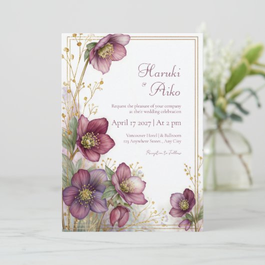 Plum Hellebore Gold Glitter Botanical Frame 招待状 (スタンド正面)