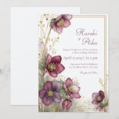 Plum Hellebore Gold Glitter Botanical Frame 招待状 (正面/裏面)