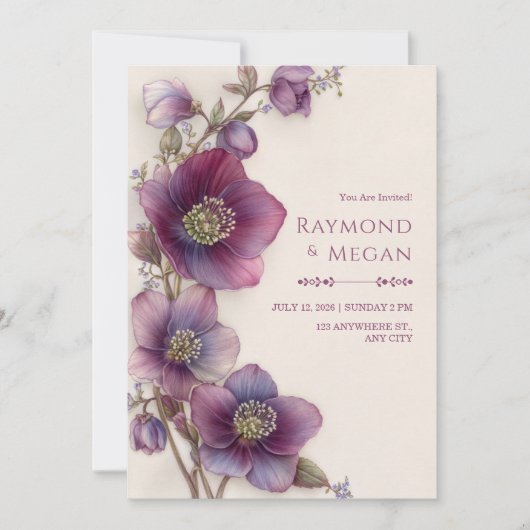 Plum Magenta Hellebore Botanical Border Wedding 招待状 (正面)