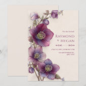 Plum Magenta Hellebore Botanical Border Wedding 招待状 (正面/裏面)