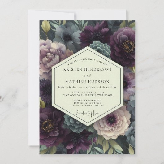 Plum Moody Botanical Romance Wedding 招待状 (正面)