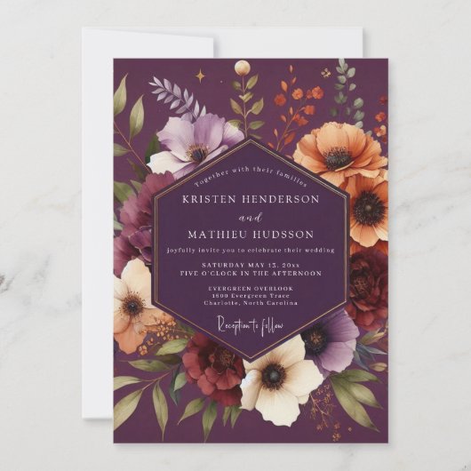 Plum Moody Botanical Wedding 招待状 (正面)