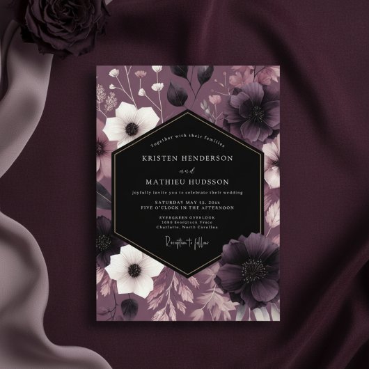 Plum Moody Floral Romance Wedding 招待状