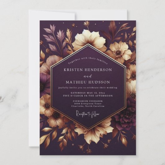 Plum Moody Floral Twilight Wedding 招待状 (正面)