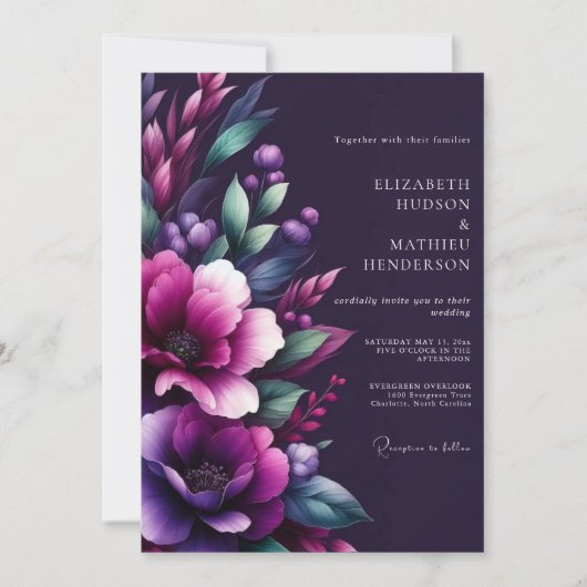 Plum Moody Floral Whimsy Wedding 招待状 (正面)
