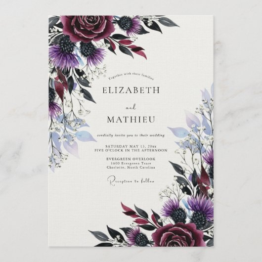 Plum Moody Thistle Winter Wedding 招待状 (正面)