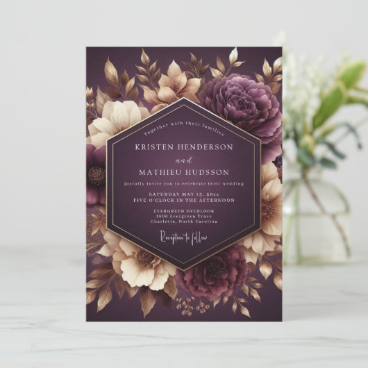 Plum Nocturne Floral Romance Wedding 招待状 (スタンド正面)