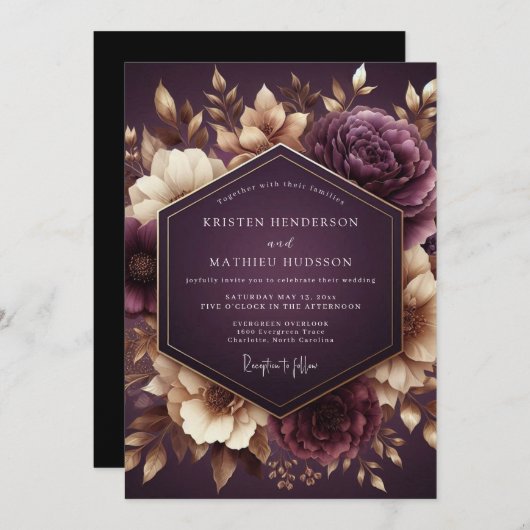 Plum Nocturne Floral Romance Wedding 招待状 (正面/裏面)