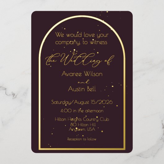 Plum Noir Purple Wedding Invitation 箔招待状 (正面)