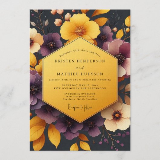 Plum & Ochre Autumnal Bloom Wedding 招待状 (正面)