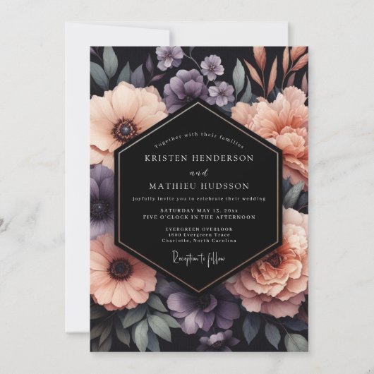 Plum Onyx Floral Wedding 招待状 (正面)