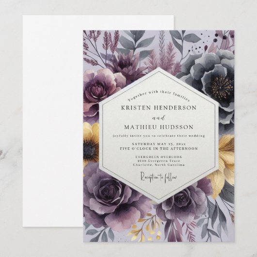 Plum Painterly Bloom Wedding 招待状 (正面/裏面)