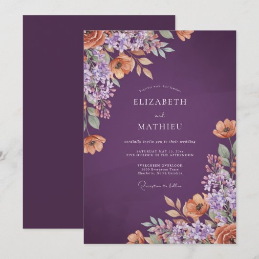 Plum Painterly Blossom Wedding 招待状 (正面/裏面)