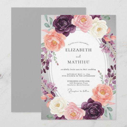 Plum Painterly Romantic Wedding 招待状 (正面/裏面)