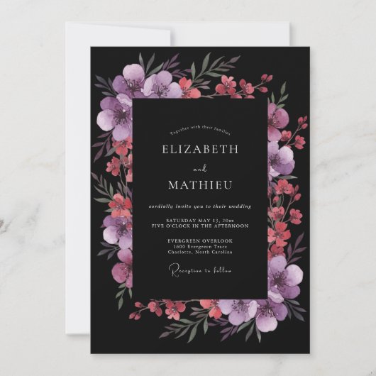 Plum Purple Botanical Romantic Wedding 招待状 (正面)