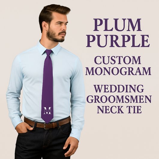 Plum Purple | Custom Monogram Wedding Groomsmen ネクタイ